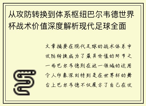 从攻防转换到体系枢纽巴尔韦德世界杯战术价值深度解析现代足球全面
